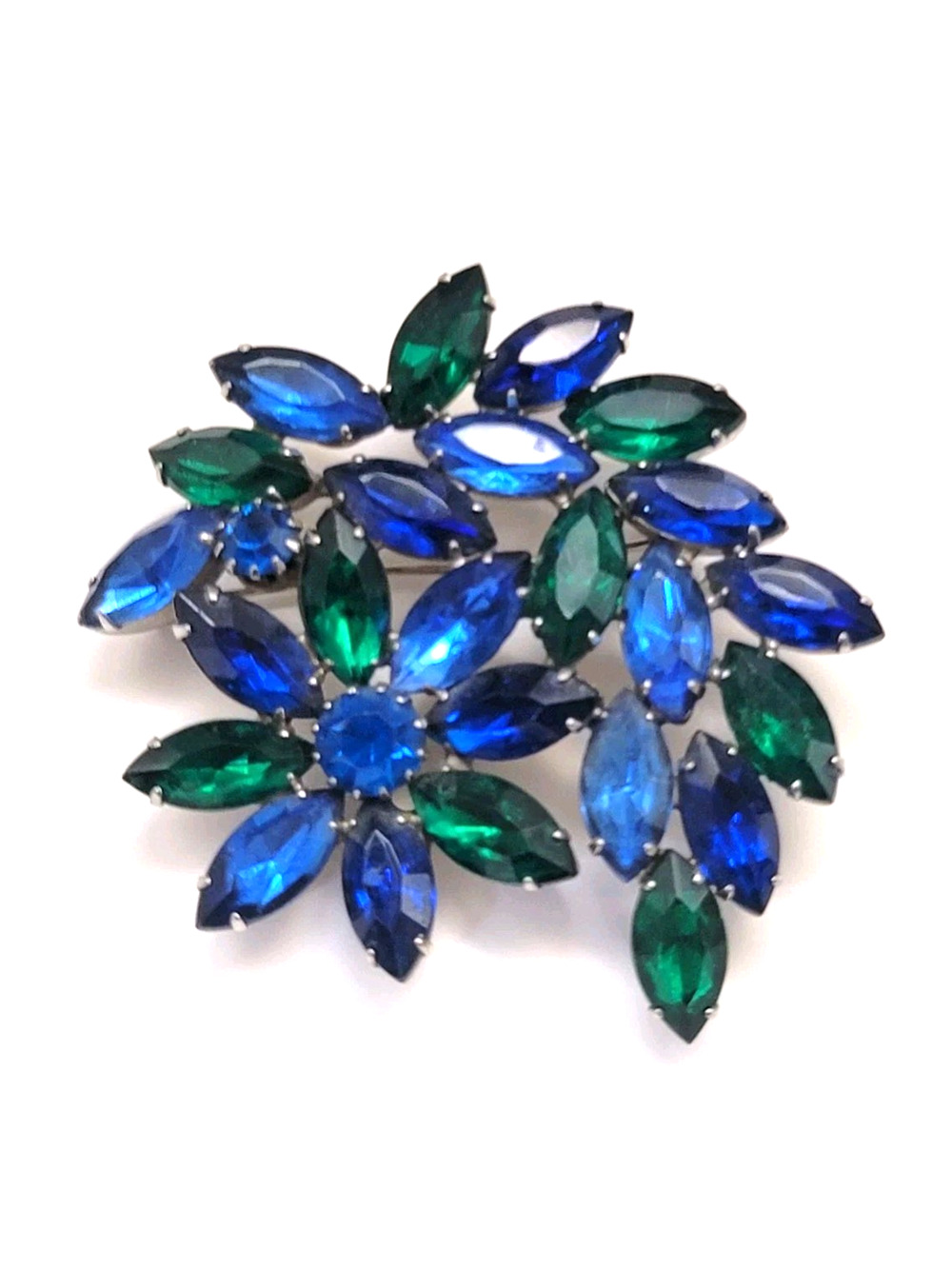 Vintage Blue Green Marquise Rhinestone Floral Spray Brooch VTG
